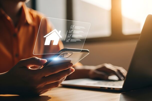Pessoa procurando imóvel, smartphone e notebook, como comprar um apartamento
