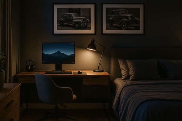 quarto aconchegante, com dois quadros na parede, mesa com computador, luminaria e cadeira ao lado de uma cama de casal