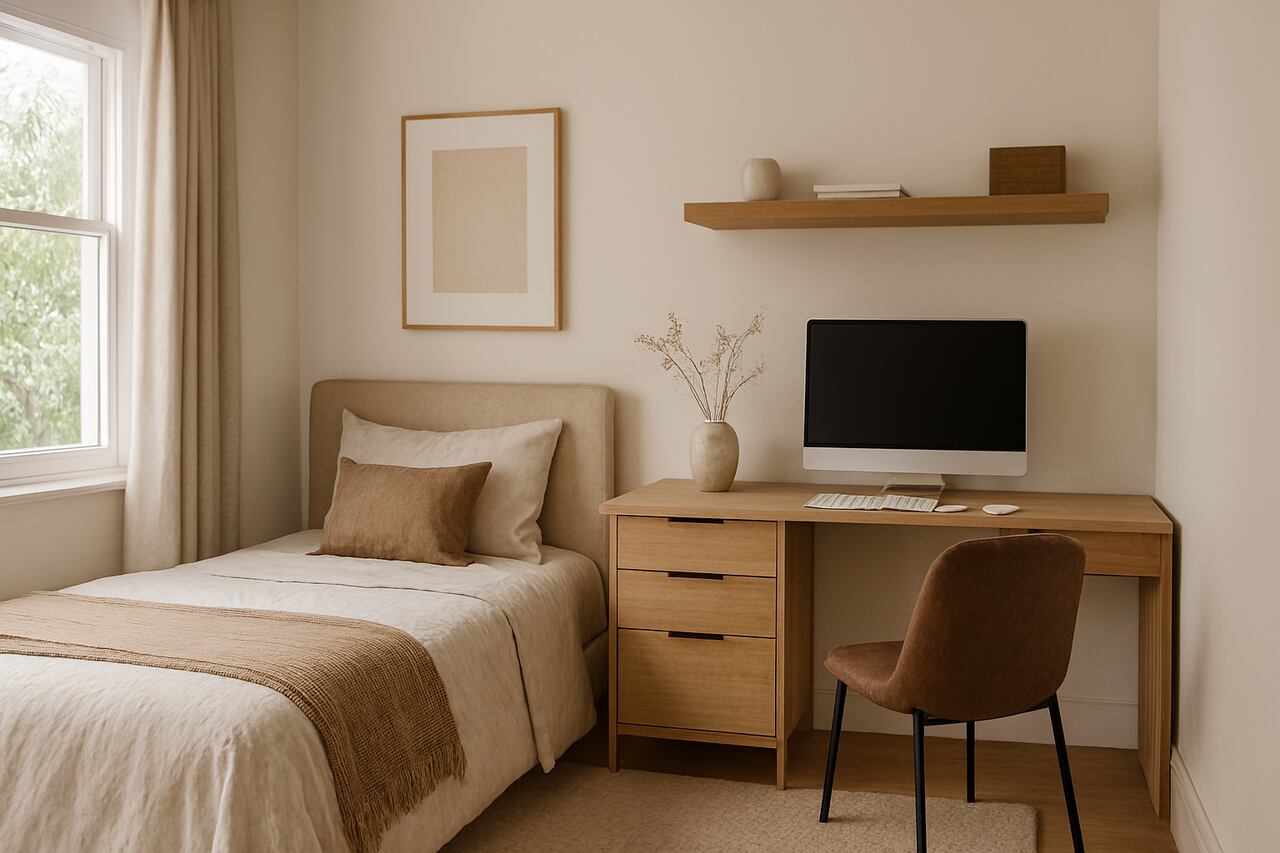 quarto com cama de solteiro e um computador sobre uma mesa de madeira