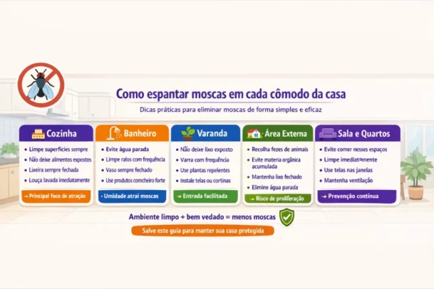 Infográfico mostra como espantar moscas em cada cômodo da casa com dicas práticas de limpeza, vedação e prevenção em cozinha, banheiro, varanda e ambientes internos.
