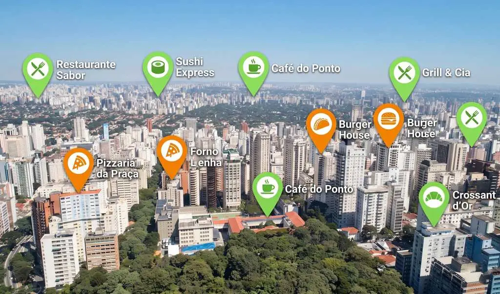 Vista aérea do bairro de Pinheiros em São Paulo com ícones de localização sobrepostos indicando diversos restaurantes, pizzarias e cafés da região.