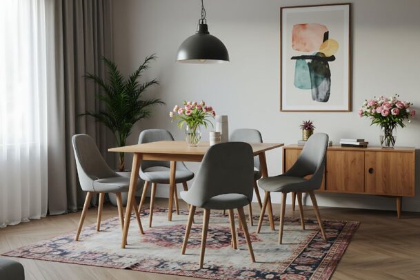 Tapete na sala de jantar com mesa quadrada