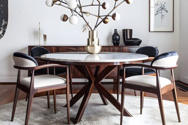 Tapete na sala de jantar com mesa redonda