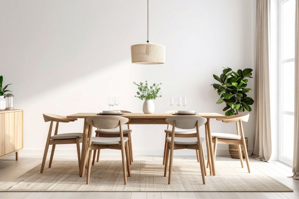 Tapete na sala de jantar com mesa retangular