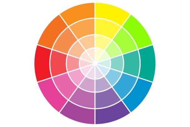Círculo cromático vibrante ilustrando a disposição das cores complementares, como vermelho e verde ou azul e laranja,