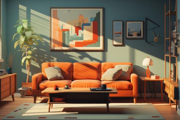 Sala de estar com sofá laranja terracota em contraste com parede verde azulada, um