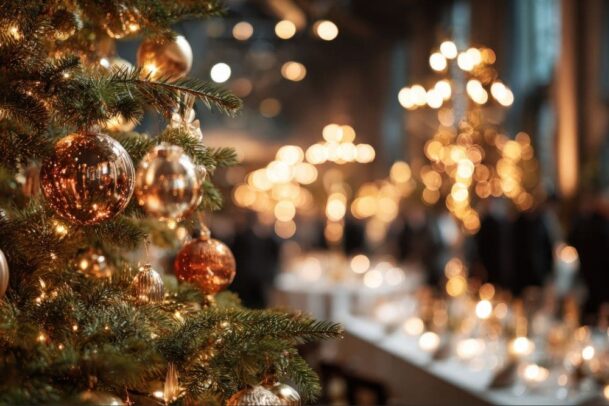 Close-up de uma árvore de Natal decorada com bolas douradas brilhantes e luzes pisca-pisca, com uma festa borrada ao fundo. Perfeito para ideias de decoração de Ano Novo 2025 simples e elegante.