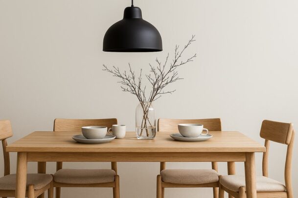 sala de jantar com xicaras encima da mesa e uma luminária preta vinda do teto