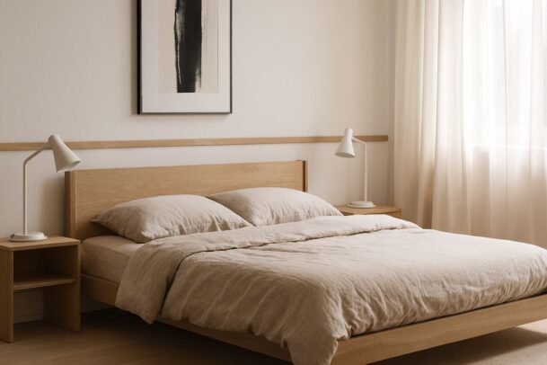 quarto japandi com cama de casal e quadro na parede