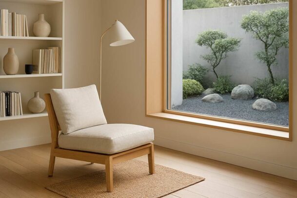 cadeira ao de uma estante de livros com uma janela para um jardim de pedras no fundo
