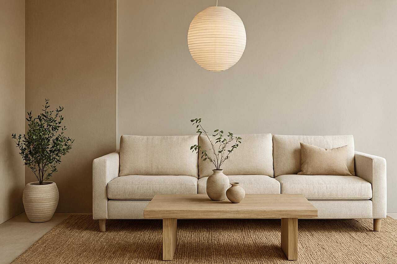 sala minimalista com mesa, sofá e vaso de planta