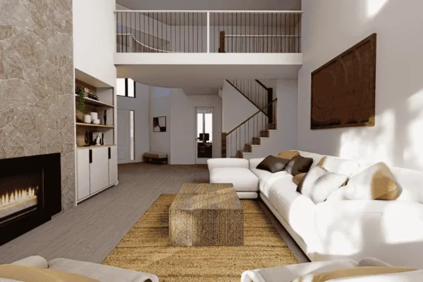Sala de estar com pé-direito alto e mezanino interno, com escada de acesso e espaço integrado ao ambiente.