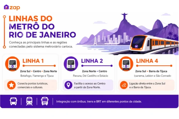 Infográfico moderno sobre estações de metrô do RJ, mostrando linhas do metrô carioca, regiões conectadas e integração com ônibus, trens e BRT na cidade.