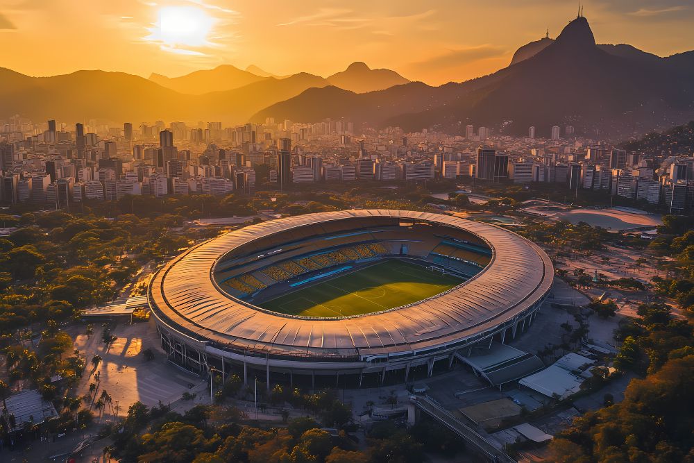 ôr do sol no Maracanã, o líder entre os maiores estádios do Brasil, com vista para o relevo do Rio de Janeiro.