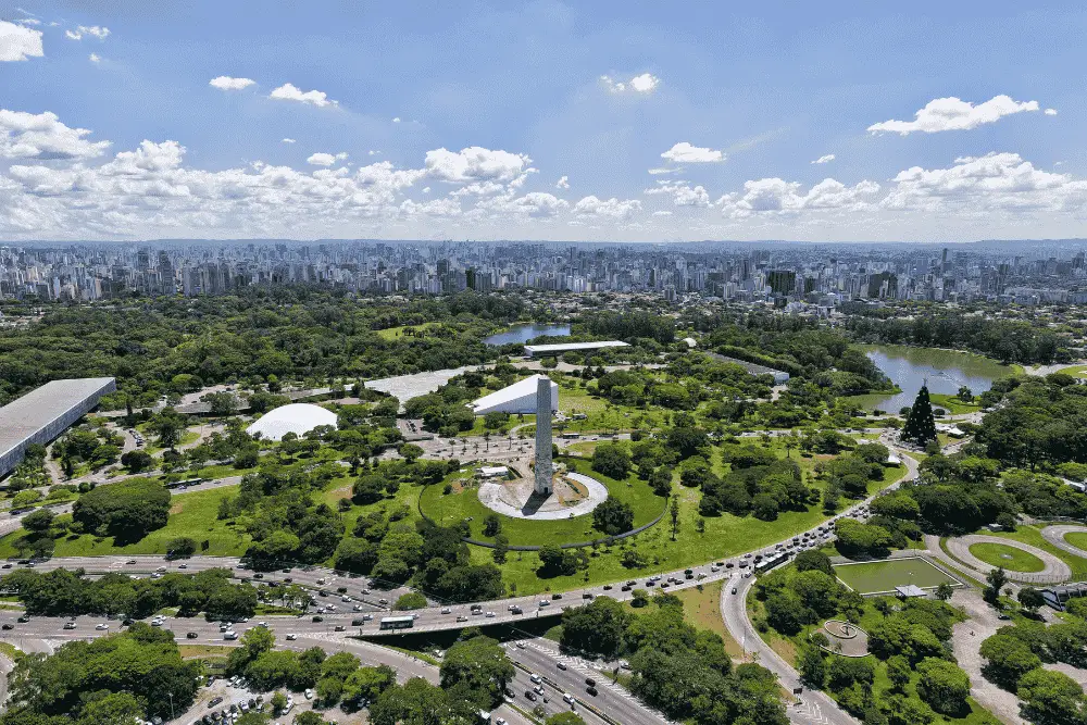Vista aérea do Parque Ibirapuera em São Paulo, um dos parques em SP mais famosos da cidade.