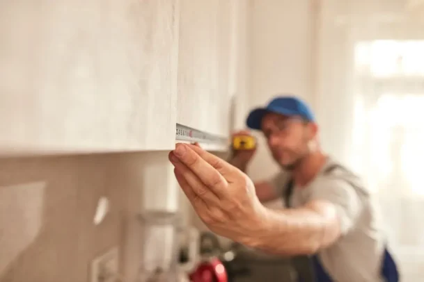 Profissional medindo parede para instalação de nicho.